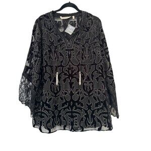 Soft Surroundings Tunic Black Beaded Medium Velvet Burnout Lace V neck Tassels